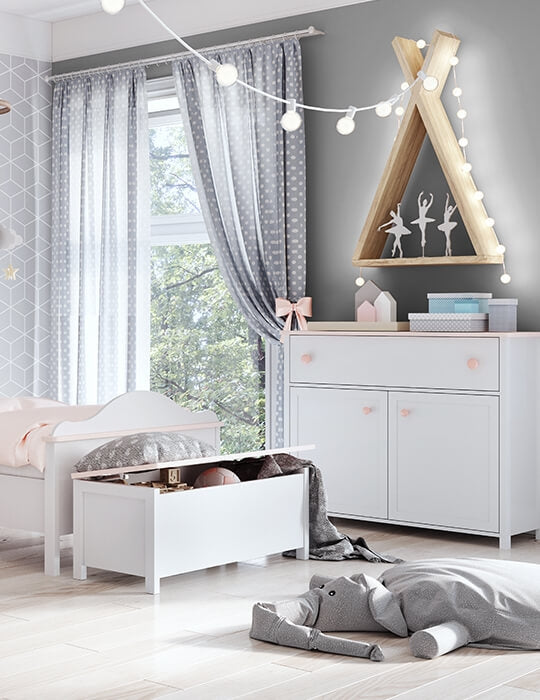 Boîte de rangement en bois, pour enfants et jeunes Luna 10, Blanc / Rose, L99xW42xH39 cm