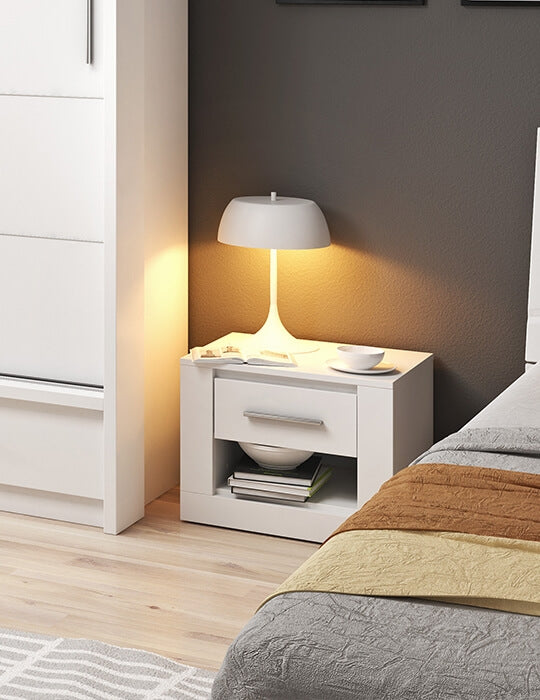 Table de chevet en bois clair avec 1 tiroir Arti 07, Blanc mat, L50xl42xH40 cm
