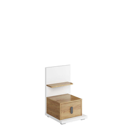 Table de chevet en bois clair avec 1 tiroir et 1 étagère, pour enfants et adolescents, Simi 08 Right, Naturel / Blanc, L43xW45xH70 cm