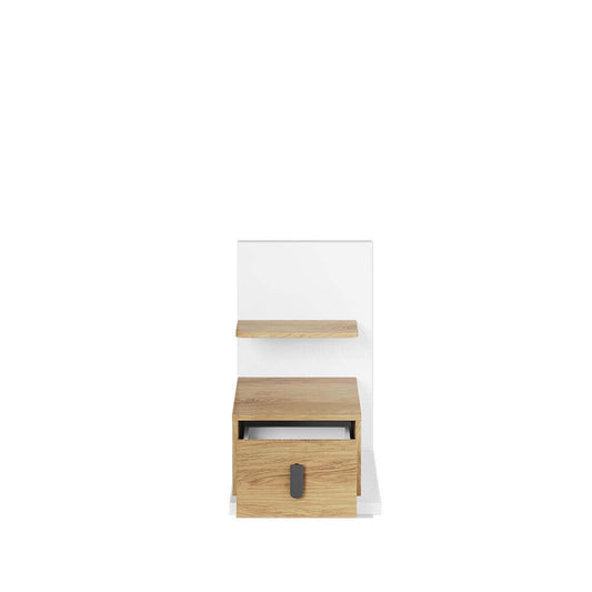 Table de chevet en bois clair avec 1 tiroir et 1 étagère, pour enfants et adolescents, Simi 08 Right, Naturel / Blanc, L43xW45xH70 cm