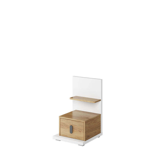 Table de chevet en bois clair avec 1 tiroir et 1 étagère, pour enfants et jeunes, Simi 08 Left, Naturel / Blanc, L43xW45xH70 cm
