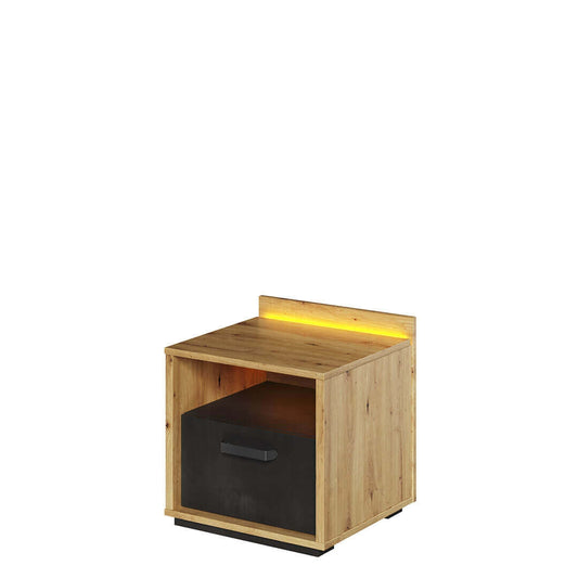 Table de chevet en bois clair, avec 1 tiroir et LED incluse, pour enfants et adolescents, Qubic 10, Chêne Artisan / Noir, L45xW42xH47 cm
