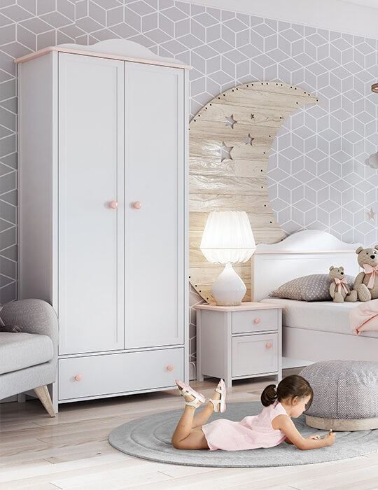 Table de chevet en bois clair, avec 1 porte et 1 tiroir, pour enfants et adolescents, Luna 07, Blanc/Rose, L45xl42xH51 cm