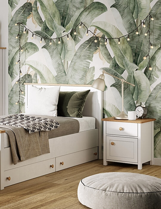 Table de chevet en bois clair, avec 1 porte et 1 tiroir, pour enfants et adolescents, Story 07, Blanc/Chêne, L45xl42xH51 cm