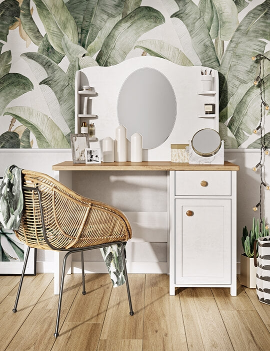 Miroir décoratif avec étagères en bois clair, pour enfants et jeunes, Story 06, Blanc / Chêne, L94xW14xH81 cm