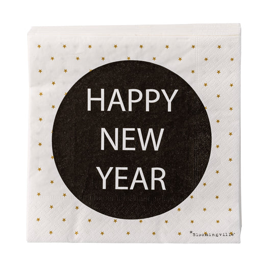 Pack de serviettes Happy New Year Blanc / Noir, 33 x 33 cm, 20 pièces