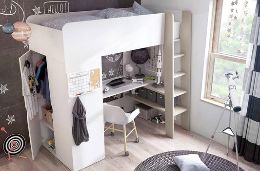 Lit superposé en bois avec bureau intégré, étagère et armoire, pour enfants Tom TO 01, Blanc / Gris, 200 x 90 cm