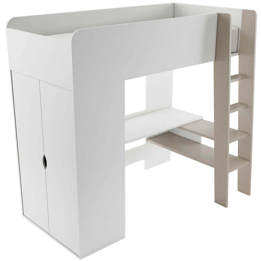 Lit superposé en bois avec bureau intégré, étagère et armoire, pour enfants Tom TO 01, Blanc / Gris, 200 x 90 cm