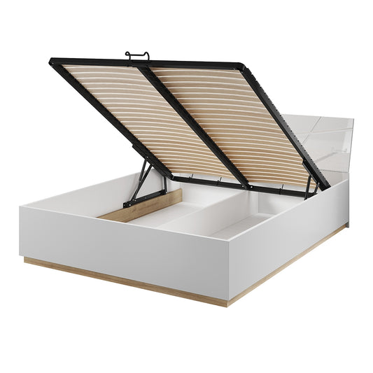 Lit Escamotable avec coffre de rangement, en bois, Futura 13, Blanc mat / Blanc brillant / Chêne Riviera