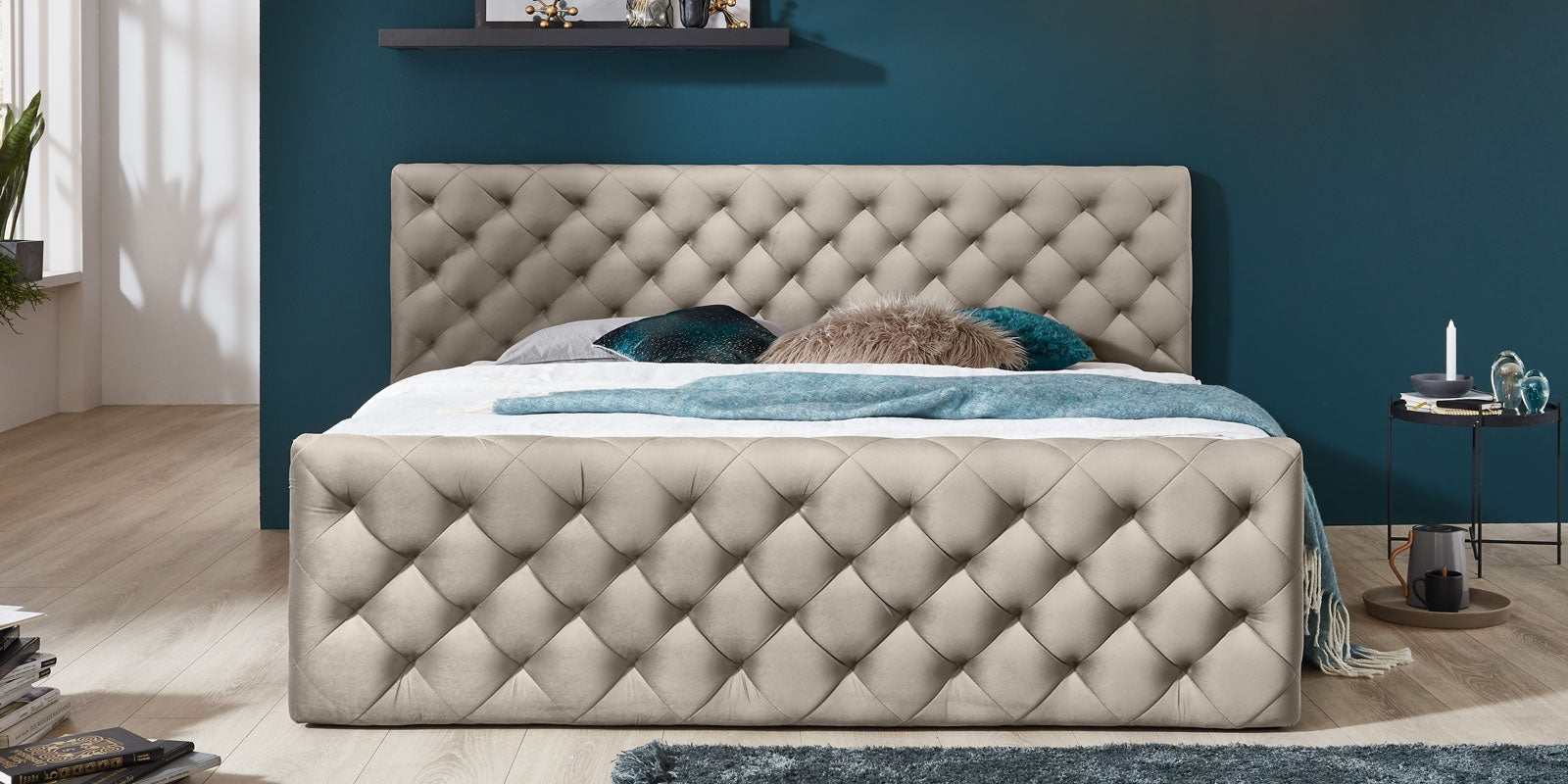 Lit pliant avec coffre de rangement, recouvert de tissu, Lauria, Boxspring Velvet, Grej