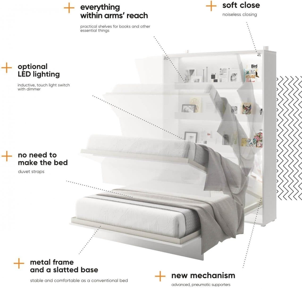 Pat rabatabil pe perete, cu mecanism pneumatic si somiera inclusa, Bed Concept Horizontal Stejar Artisan, 200 x 90 cm (5)