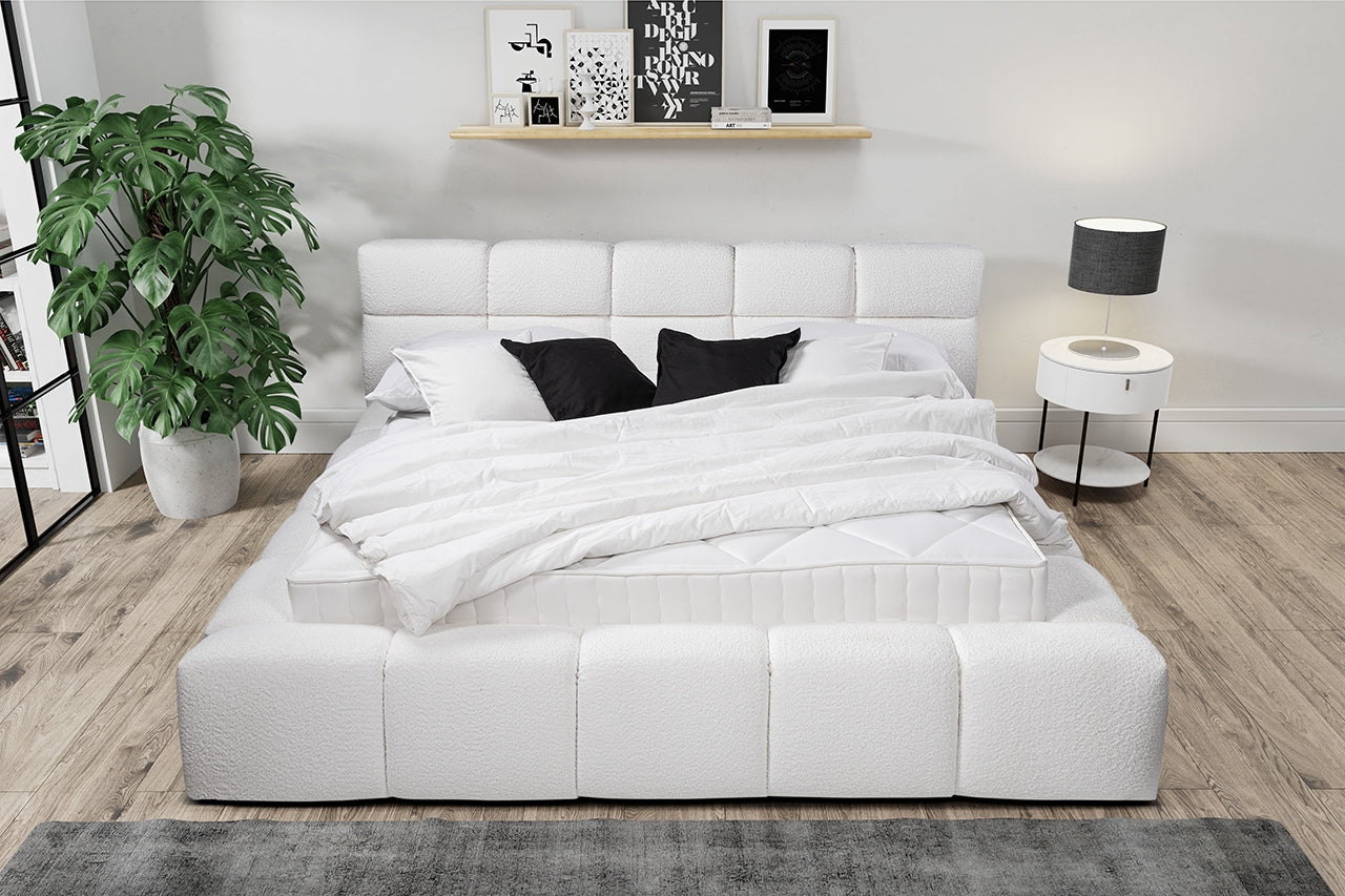 Lit rembourré avec tissu bouclé, Cadre de lit pliant avec espace de rangement, Baloo Blanc