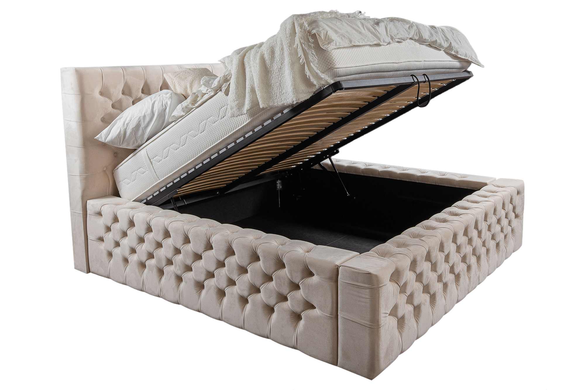 Lit rembourré en tissu, Cadre de lit pliant avec espace de rangement, Chester Lux III Velvet, Crème