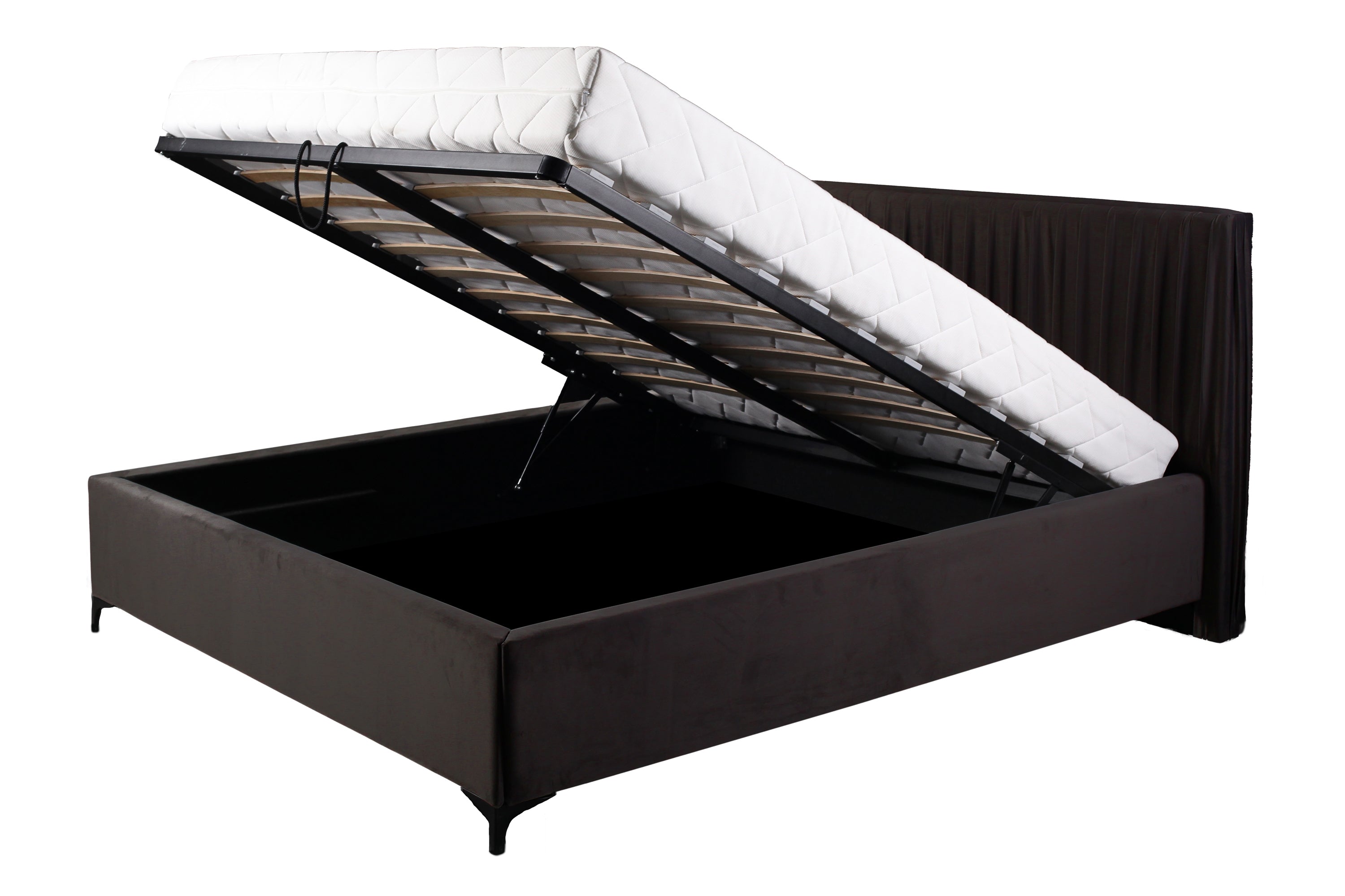 Lit rembourré avec tissu, Cadre de lit pliant avec espace de rangement, Velours Gaya Lux II, Marron