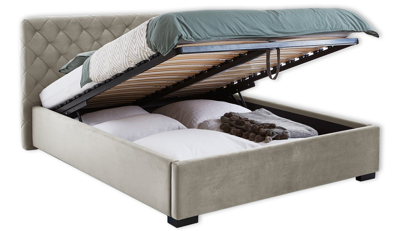 Lit rembourré en tissu, Cadre de lit pliant avec espace de rangement, Lauria Velvet, Crème