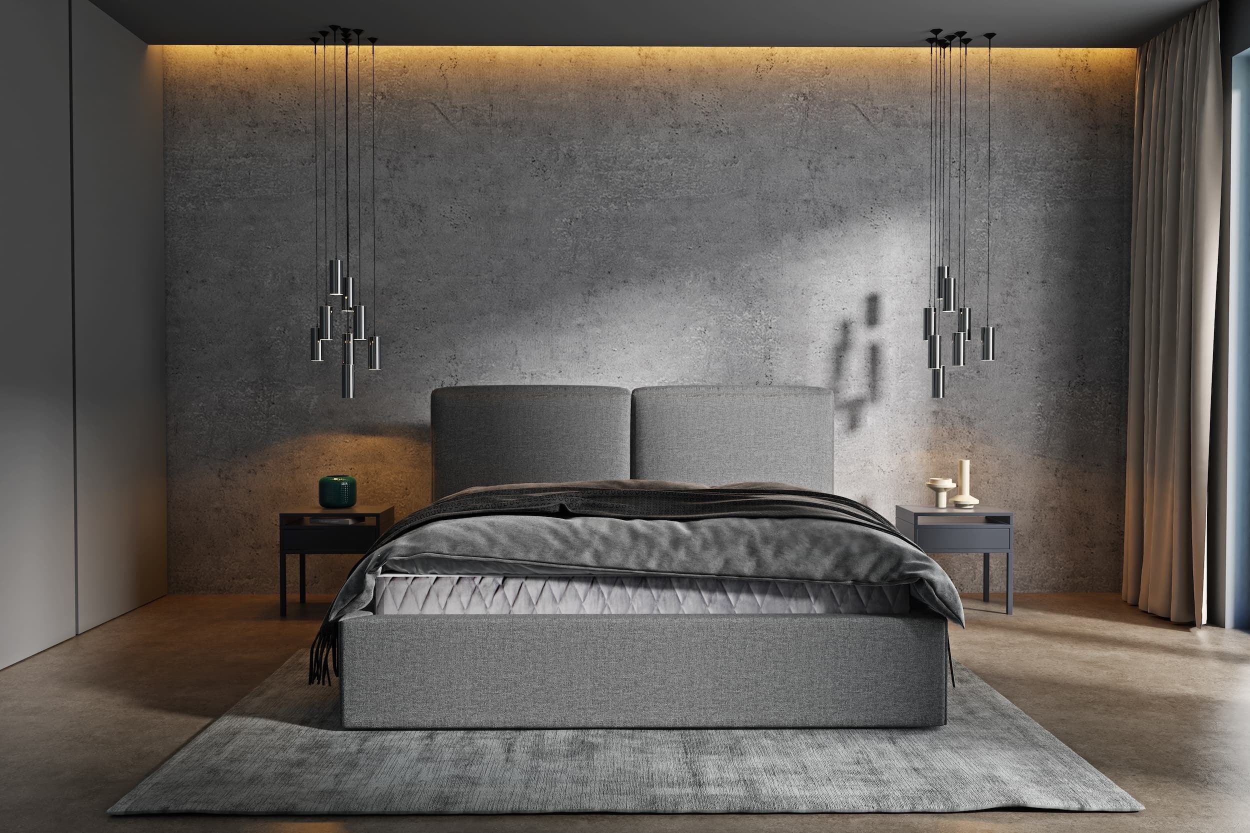 Lit rembourré en tissu, Cadre de lit pliant avec espace de rangement, Mia, Gris