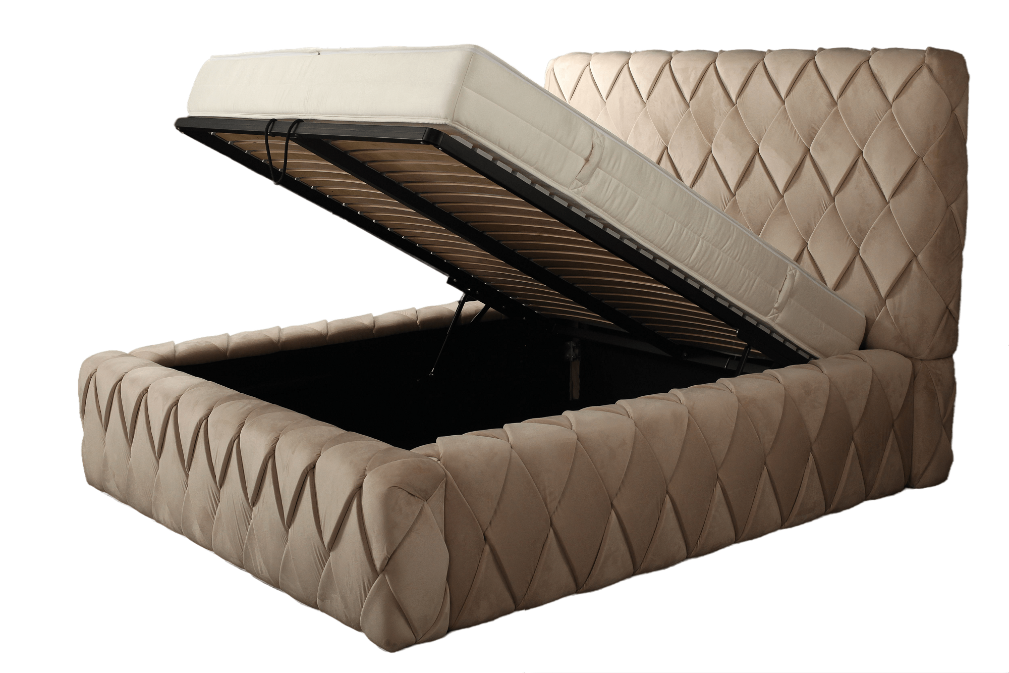 Lit rembourré en tissu, Cadre de lit pliant avec espace de rangement, Osaka Lux III, Velours Crème