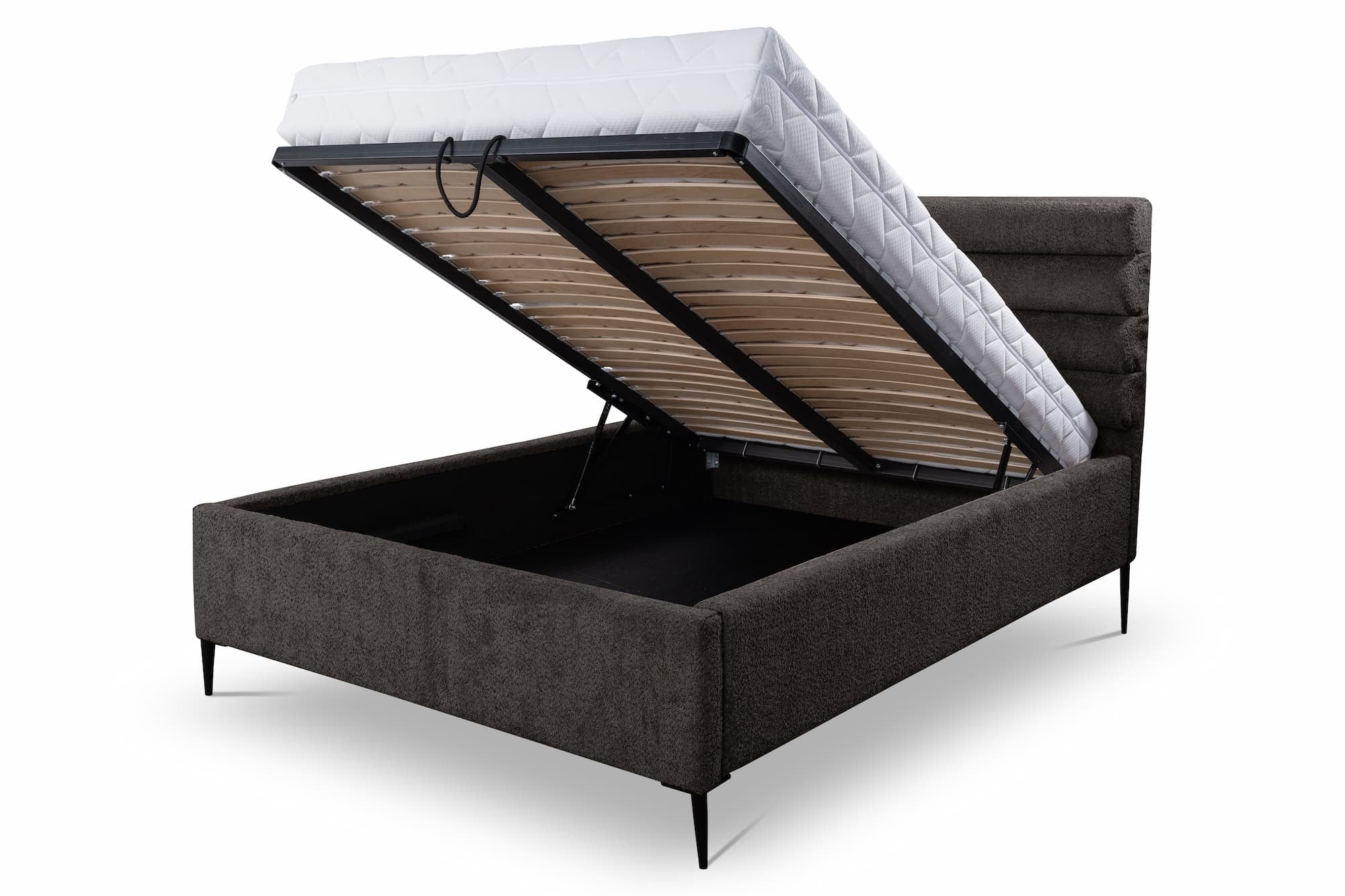 Lit rembourré en tissu, Cadre de lit pliant avec espace de rangement, Piombino, Marron