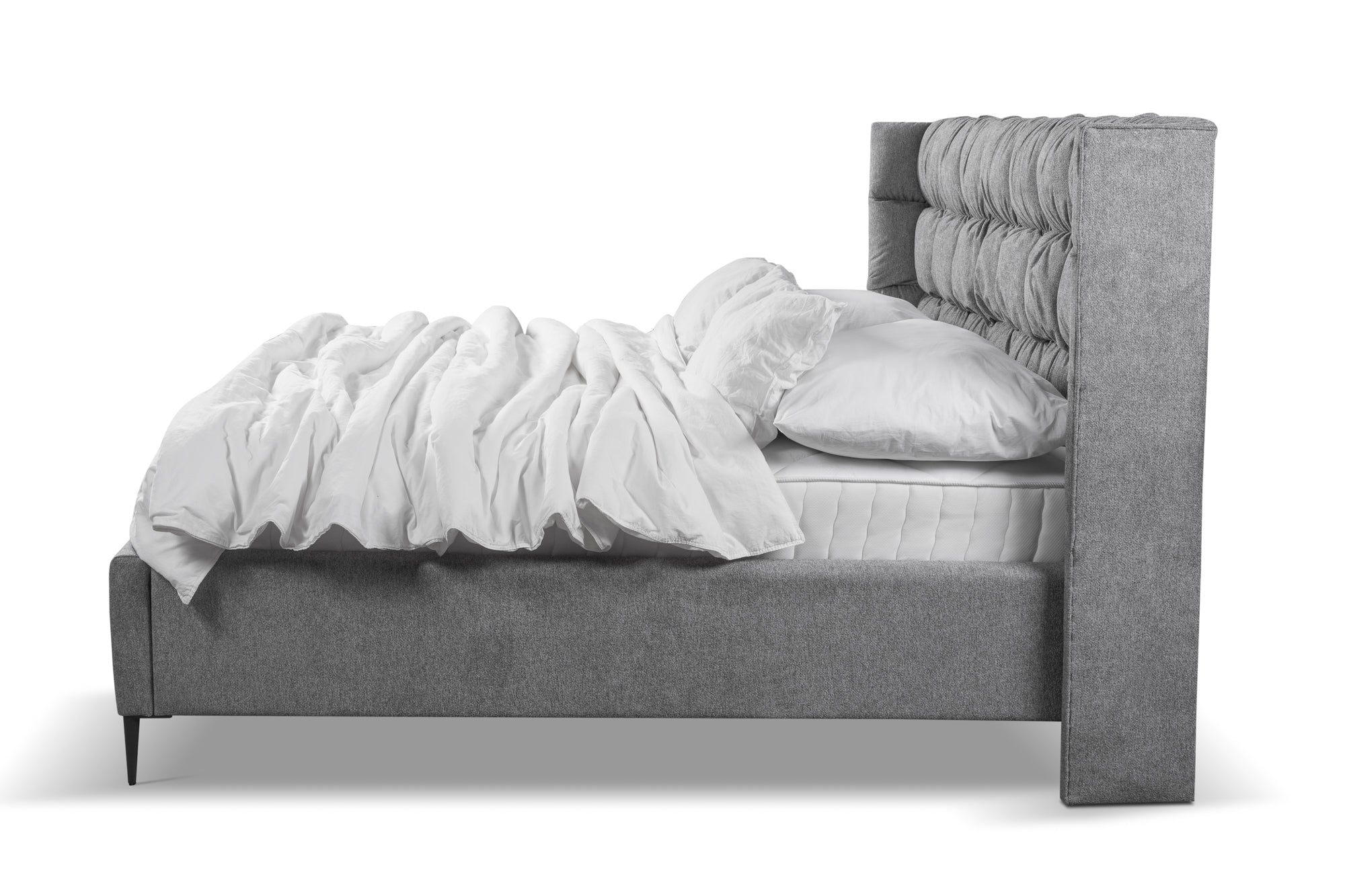Lit rembourré en tissu, Cadre de lit pliant avec espace de rangement, Viviene, Gris