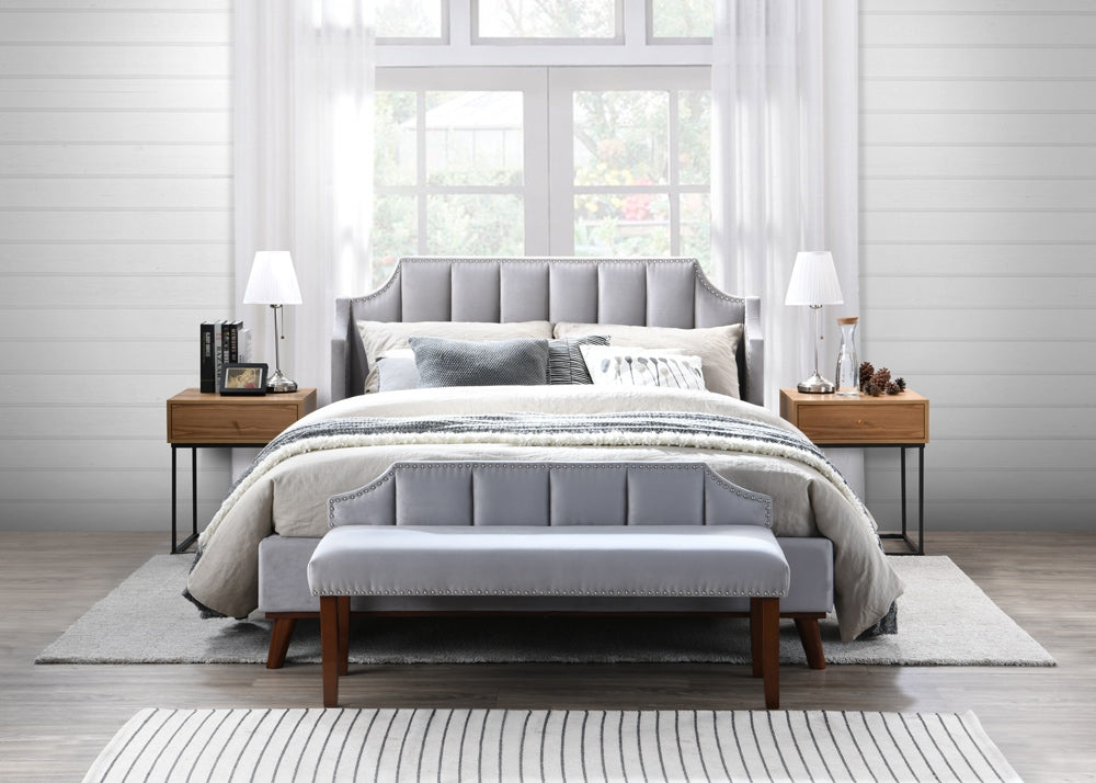 Banquette en tissu avec pieds en bois Windsor II, Gris clair/Chêne, L131,5xL48xH62 cm