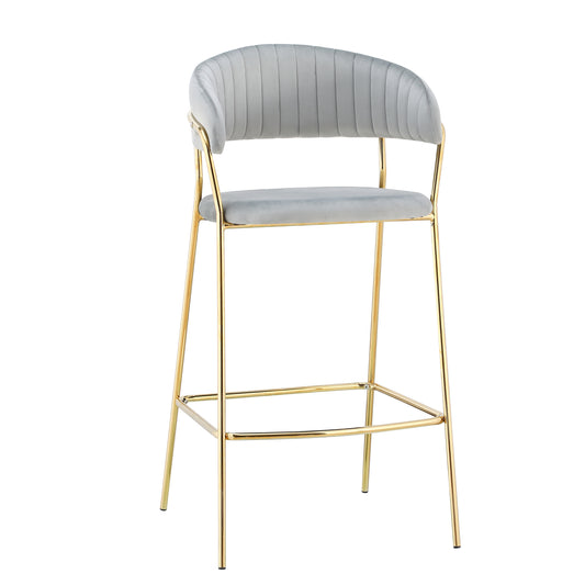 Lot de 2 chaises de bar rembourrées avec pieds en tissu et métal, Marte, Velours Gris clair / Or, L52xl51xH105 cm