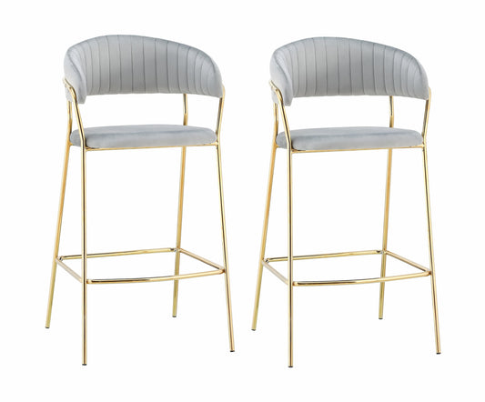 Lot de 2 chaises de bar rembourrées avec pieds en tissu et métal, Marte, Velours Gris clair / Or, L52xl51xH105 cm