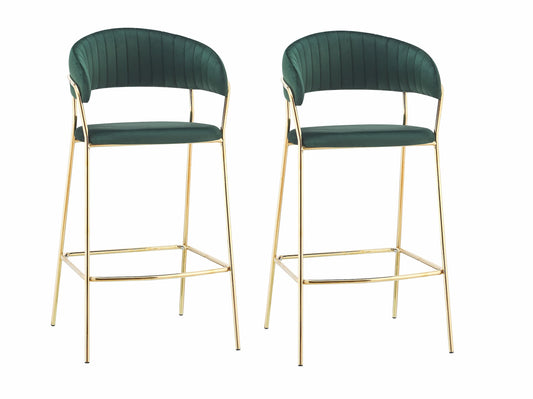 Lot de 2 chaises de bar tapissées de tissu et pieds en métal, Robert, Velours Vert/Or, L52xl51xH105 cm