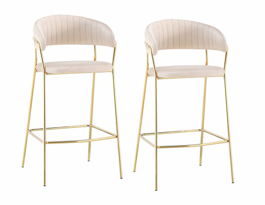 Lot de 2 chaises de bar capitonnées tissu et pieds métal, Sarah, Velours Beige / Or, L52xl51xH105 cm