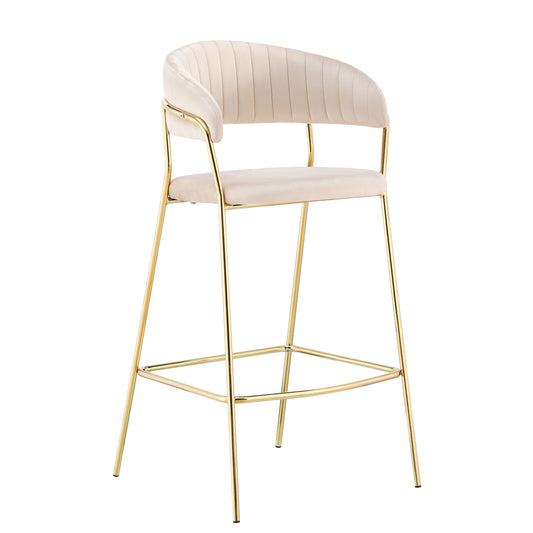 Lot de 2 chaises de bar capitonnées tissu et pieds métal, Sarah, Velours Beige / Or, L52xl51xH105 cm