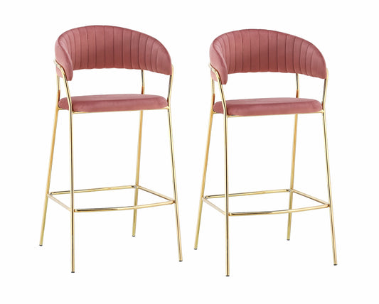 Lot de 2 chaises de bar rembourrées avec pieds en tissu et métal, Selene Velvet, Rose / Or, L52xW51xH105 cm