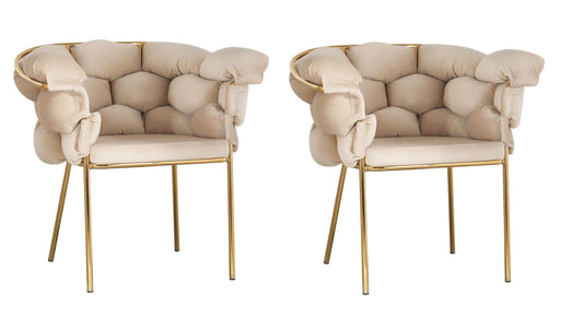 Lot de 2 chaises rembourrées avec pieds en tissu et métal, Ayann, Velours Beige / Or, L77xl59xH78 cm