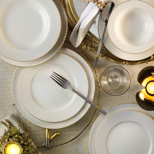 Service de table en porcelaine, Ellis Dinner, Blanc / Or, 24 pièces