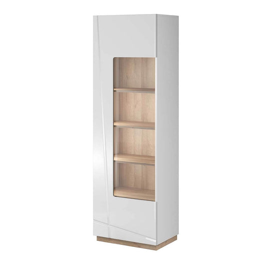 Vitrine en bois, avec 1 porte et LED incluses, Futura 02 Small, Blanc / Chêne Riviera, L60xL41xH191 cm