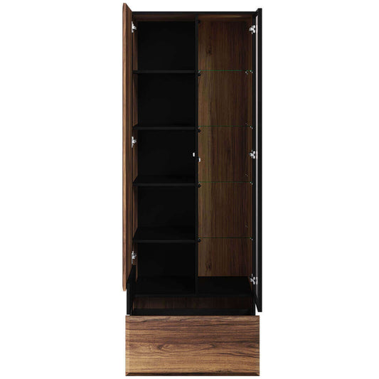 Vitrine en bois, avec 2 portes et 1 tiroir, Borga 02 Small, Chêne Catane / Noir, L70xW41xH197 cm