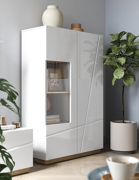 Vitrine en bois, avec 2 portes et LED incluses, Futura 05, Medium  Blanc / Chêne Riviera, L90xW41xH141 cm