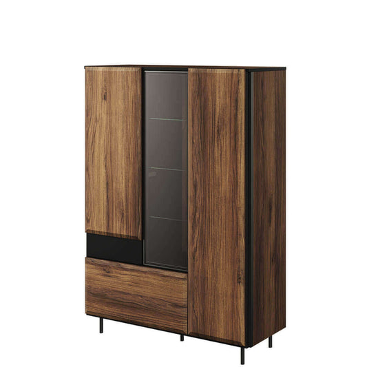 Vitrine en bois, avec 3 portes et 1 tiroir, Borga 05 Large, Chêne Catane / Noir, L100xW41xH143 cm