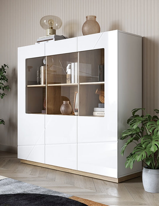 Vitrine en bois, avec 3 portes et LED incluses, Futura 06, Large Blanc / Chêne Riviera, L150xW41xH141 cm