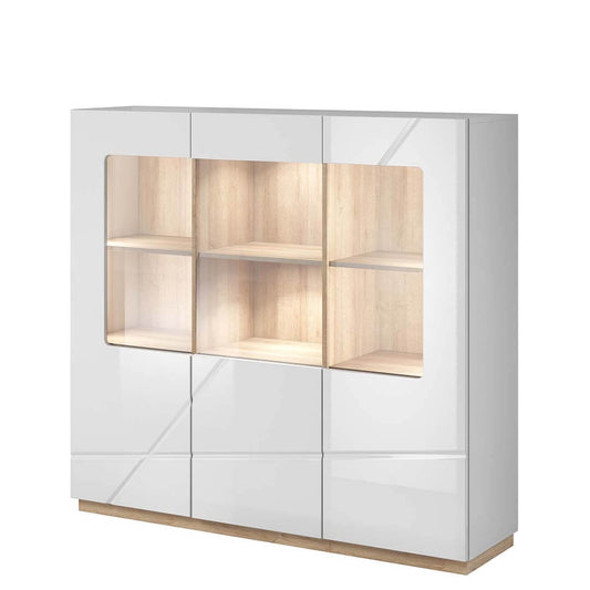 Vitrine en bois, avec 3 portes et LED incluses, Futura 06, Large Blanc / Chêne Riviera, L150xW41xH141 cm