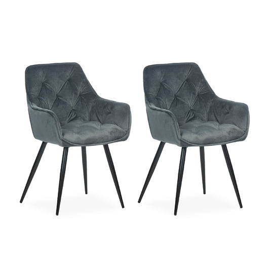 Lot de 2 chaises de salle à manger en velours, Chaise capitonnée tissu et pieds métal Cherry 2 Velours Gris / Noir, l57xP59xH86 cm