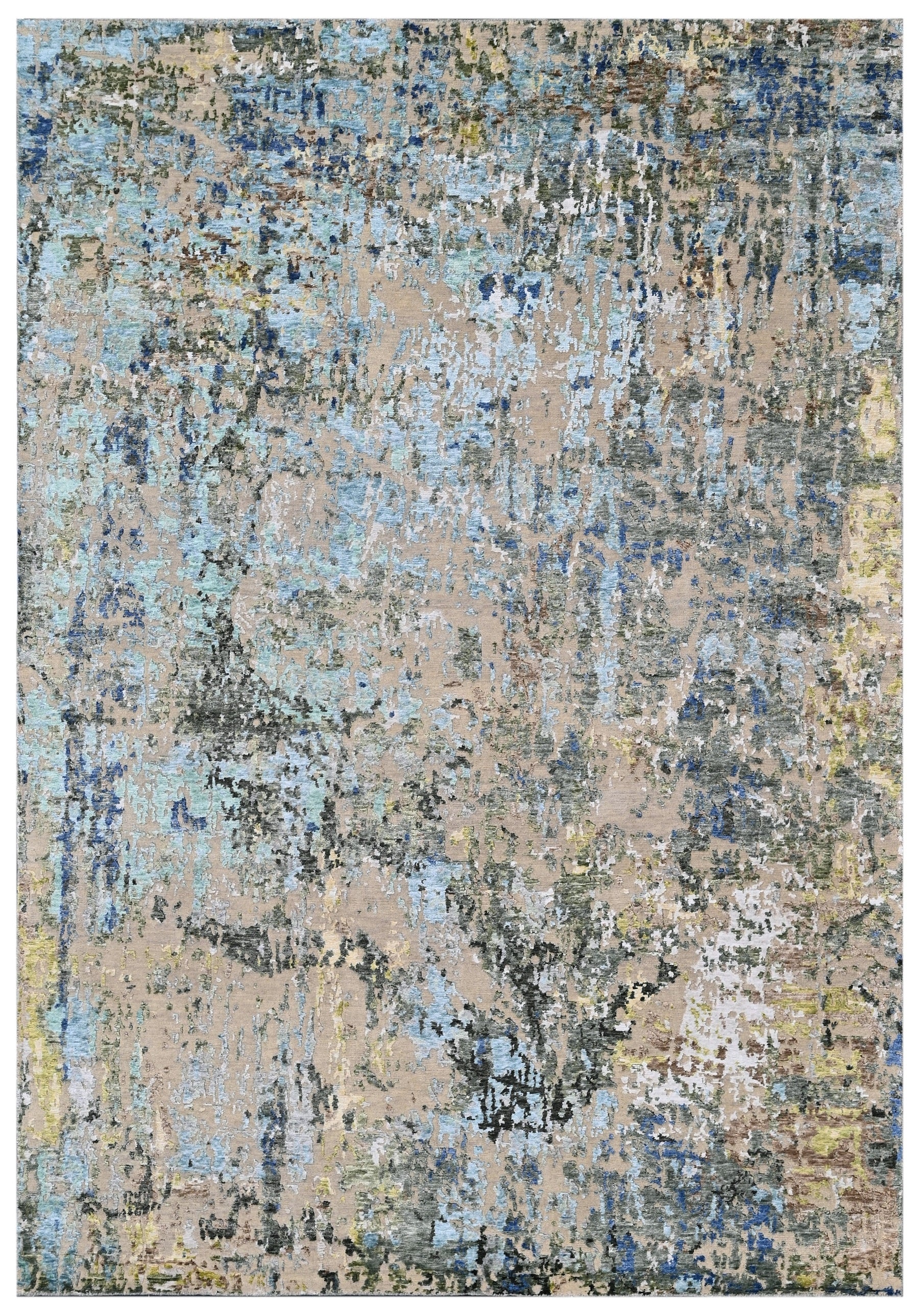 Covor innodat manual din lana, bumbac si matase de bambus, tesatura indo tibetana, Radiance RD-68 Bej / Verde (2)