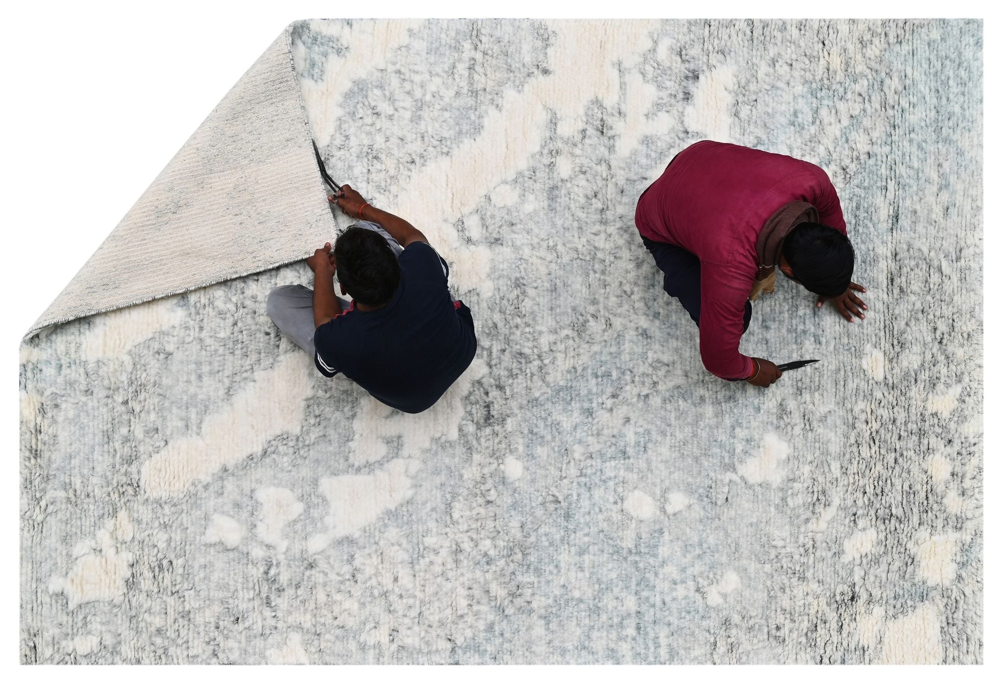 Covor innodat manual din lana si bumbac, tesatura persana, Zen ZN-72 Gri / Bleu