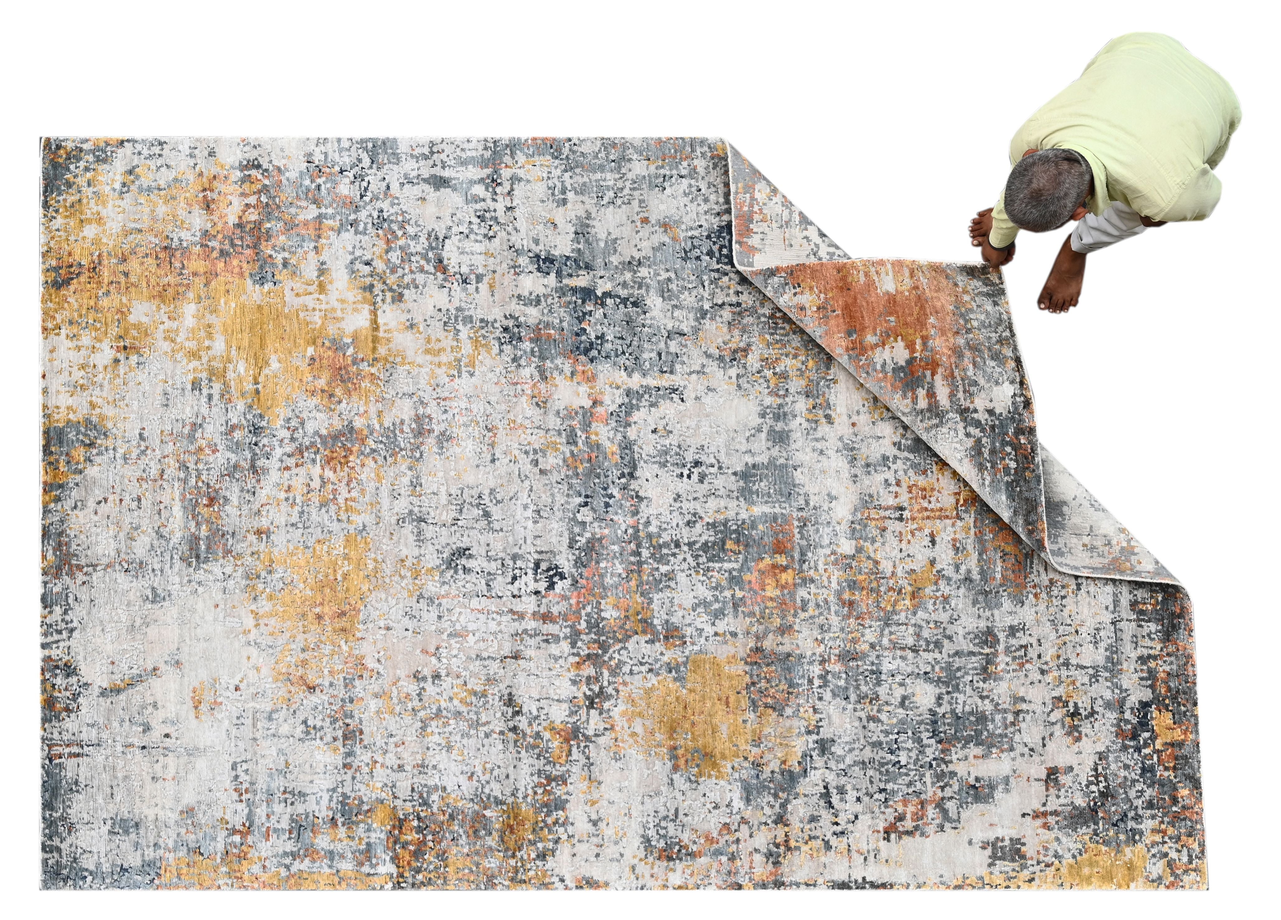 Covor innodat manual din matase de bambus si bumbac, tesatura indo tibetana, Canvas RN-100 Bej / Multicolor