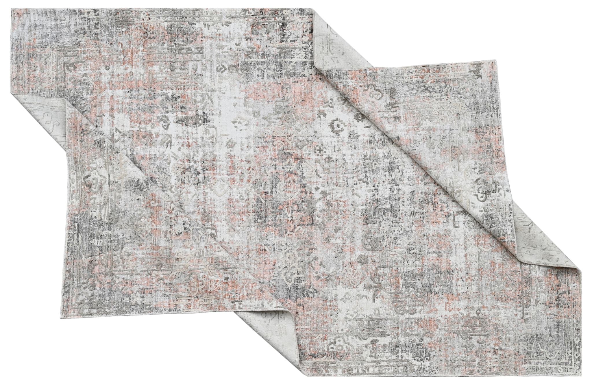 Covor tesut manual din lana, vascoza si bumbac, imprimare manuala, Flow FL-74 Gri / Roz Deschis