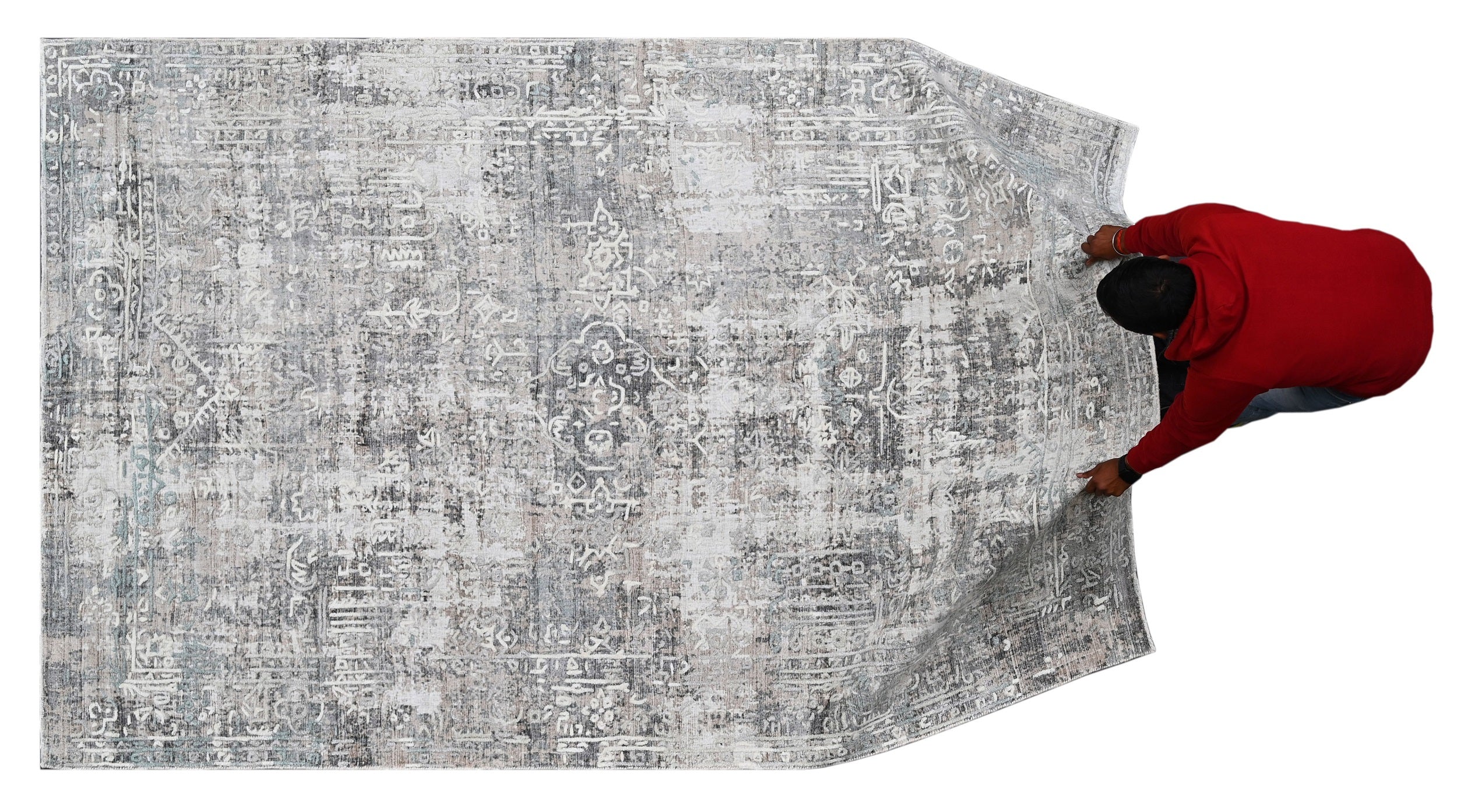 Covor tesut manual din vascoza si bumbac, imprimare manuala, Flow FL-74 Gri / Turcoaz