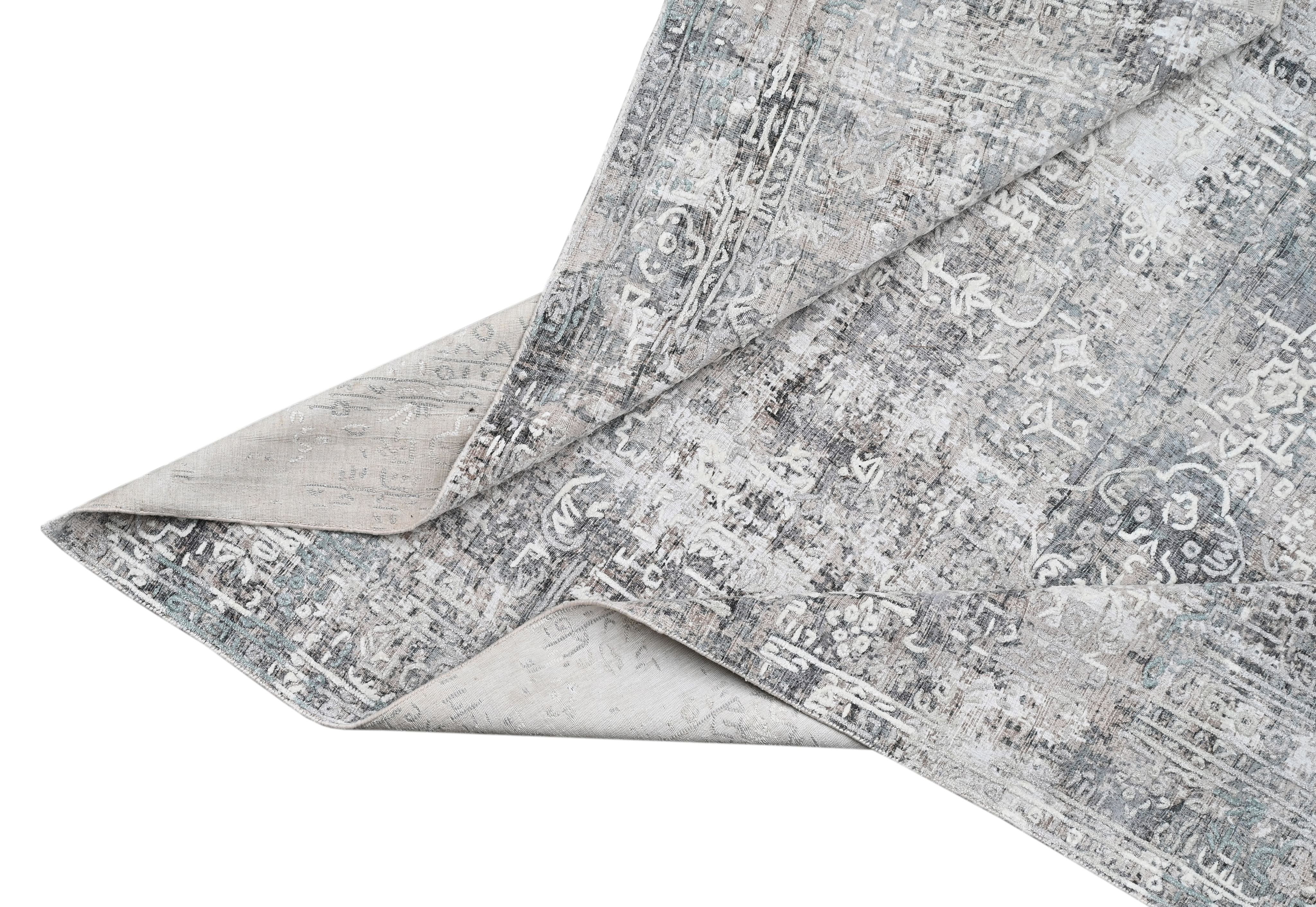 Covor tesut manual din vascoza si bumbac, imprimare manuala, Flow FL-74 Gri / Turcoaz (1)