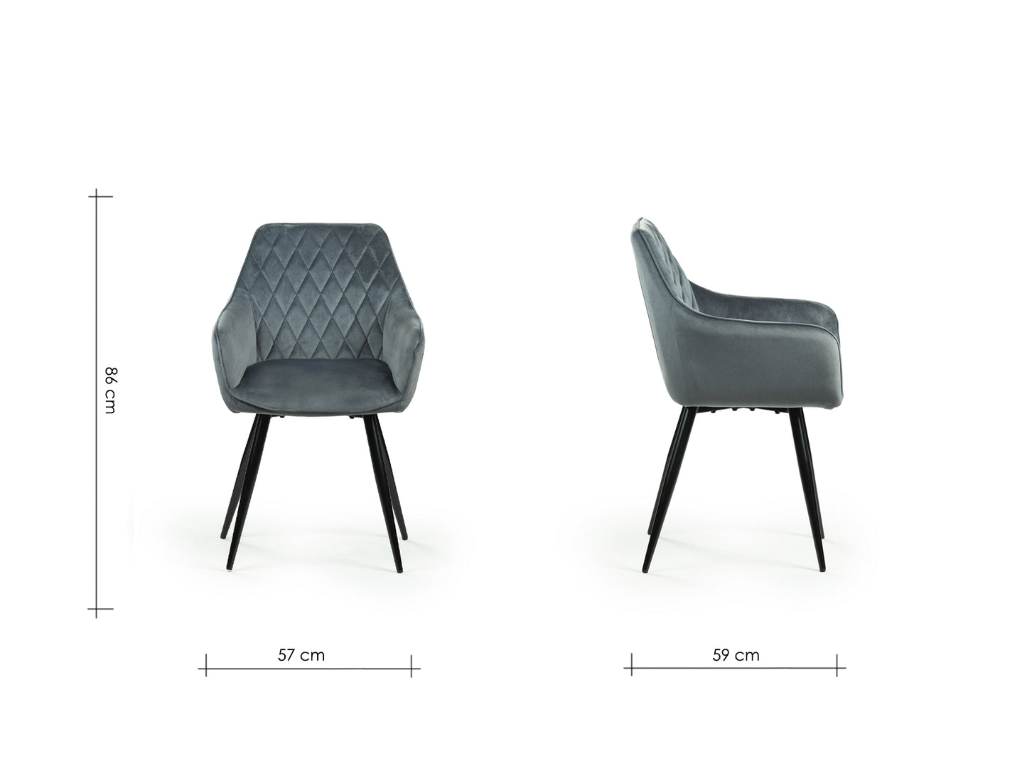 Lot de 2 chaises de salle à manger en velours, Chaise capitonnée tissu et pieds métal Karie Velours Gris / Noir, l57xP59xH86 cm