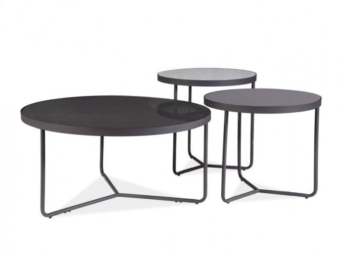 Set de 3 tables basses Artemida en verre et métal Gris / Noir / Gris clair, Ø80xH40 cm / Ø50xH50 cm / Ø50xH45 cm