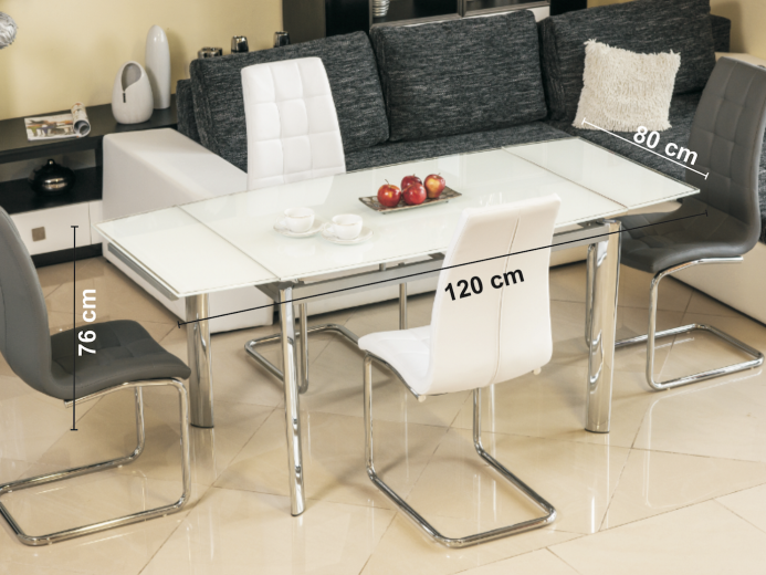 Table extensible en verre GD-020, Blanc / Chrome, L120-180xl80xH76 cm