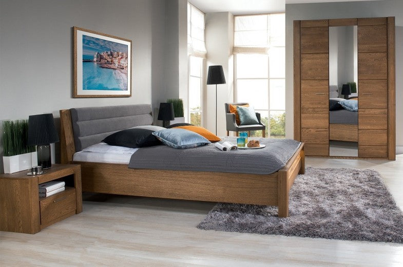 Lit en placage et aggloméré, recouvert de tissu Gris Velvet / Rustic Oak