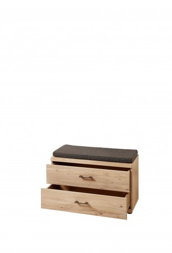 Banc rembourré avec tissu et 2 tiroirs, placage et bois, Crispin Natur, l84xA39xH54 cm